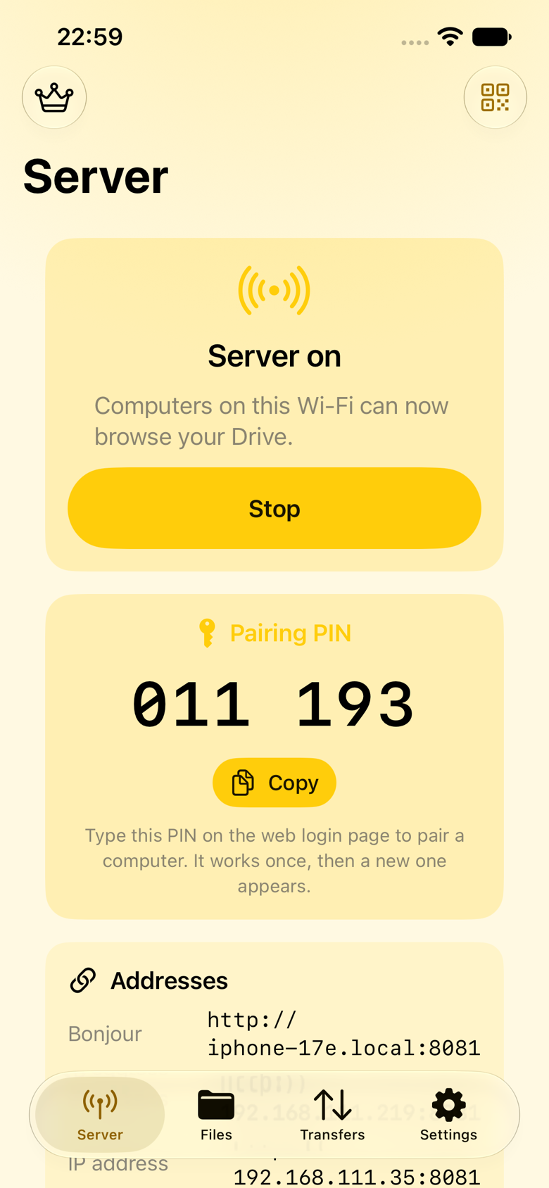 Air Drive running on iPhone: server on, pairing PIN and device addresses